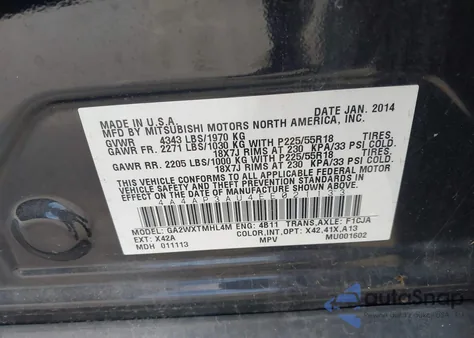 2014 Mitsubishi Outlander Sport Es z USA, uszkodzony, nr VIN 4A4AP3AU4EE021133